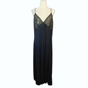 Vintage Black Maxi Nightgown Slip Gold Metallic Bust Made in USA Plus Size 3X